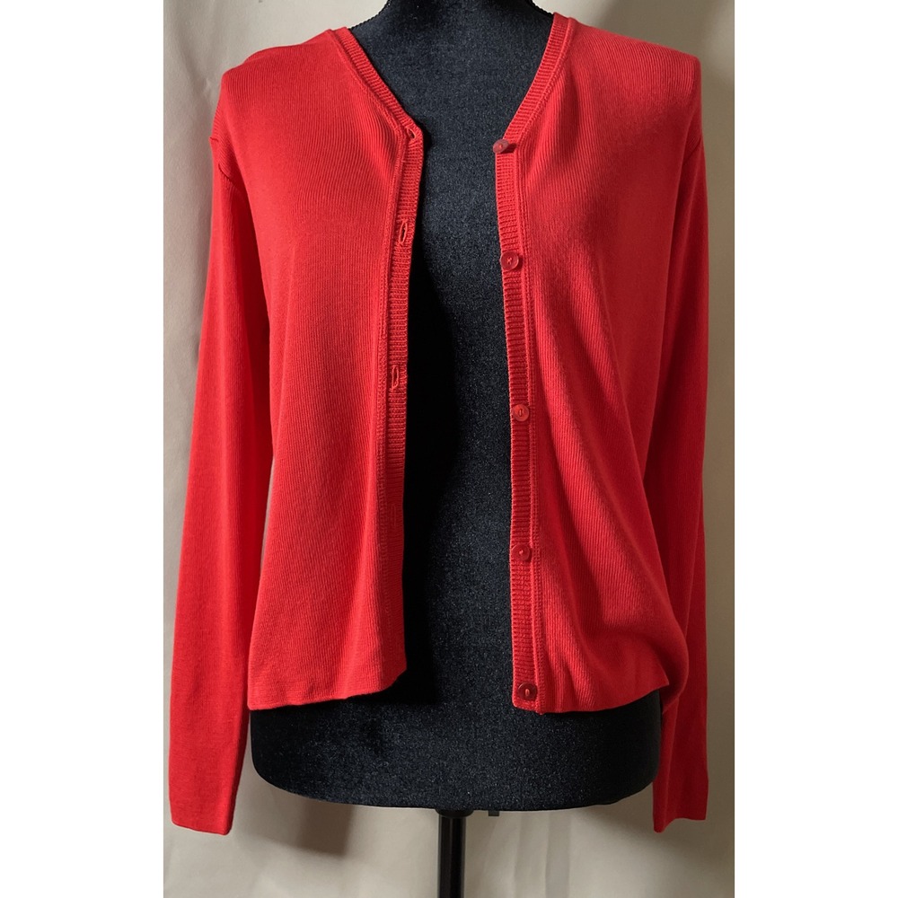 Linda Allard Ellen Tracy Womens PM Cardigan Red Viscose V Neck Button Front USA
